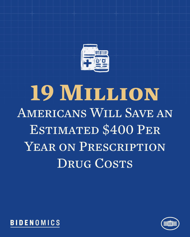 Ein blauer Hintergrund mit weißer Schrift und einem Logo, auf dem "19 Millionen Amerikaner werden geschätzt jährlich 400 USD an Arzneikosten sparen".