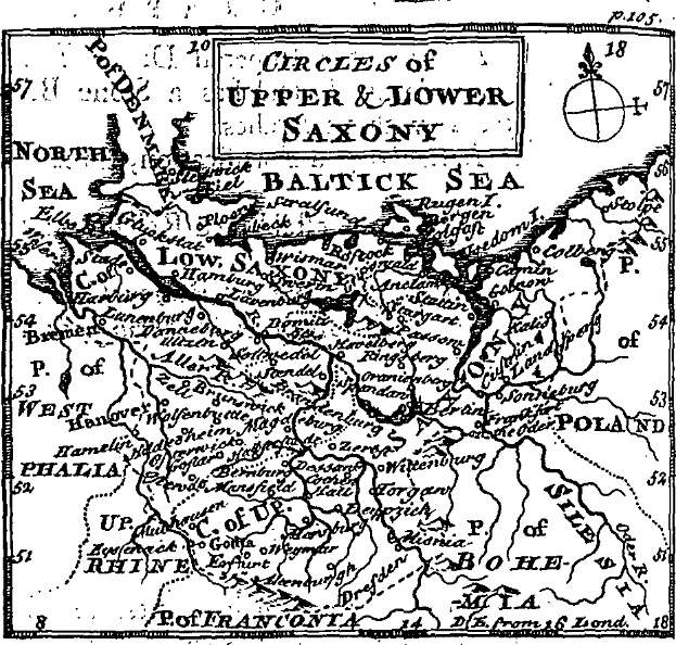 Eine detaillierte Schwarz-Weiß-Karte von Ober- und Niedersachsen, die geographische Merkmale wie Flüsse, Berge und Städte zeigt.