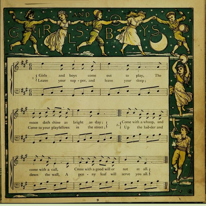 Ein Blatt mit einem Bild von fröhlich tanzenden Kindern in bunten Kleidern neben einem Notenblatt mit der Überschrift "Girls and Boys."