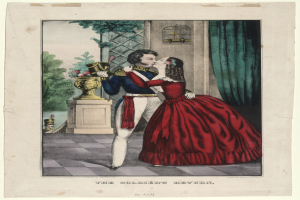 Ein Mann und eine Frau in einem roten Kleid umarmen und küssen sich vor einem Fenster, mit einem Blumenstrauß auf einem Ständer im Vordergrund, Bäumen im Hintergrund und einem Vorhang auf der rechten Seite.