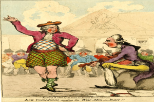 Eine Karikatur eines Mannes in einem Kilt und einer Frau in einem Kleid, die vor einer Menge stehen, mit einem Gebäude im Hintergrund und Wolken am Himmel. Unten steht der Text "Low Comedians Amusing the Wise Men of the East".