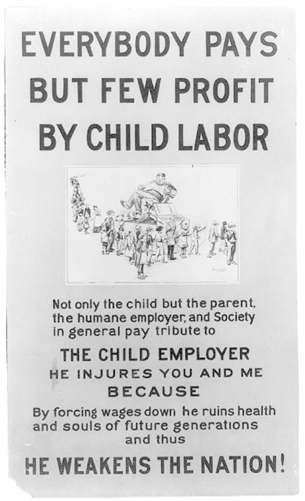 Schwarzes und weißes Plakat mit dem Text "Jeder zahlt, aber wenige profitieren von Kinderarbeit" zeigt eine Gruppe von Menschen, die gegen Kinderarbeit in den Vereinigten Staaten kämpfen.
