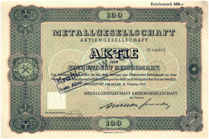 Alte deutsche 100 Reichsmark-Banknote von 1933 mit der Aufschrift "Metallgesellschaft Aktie."
