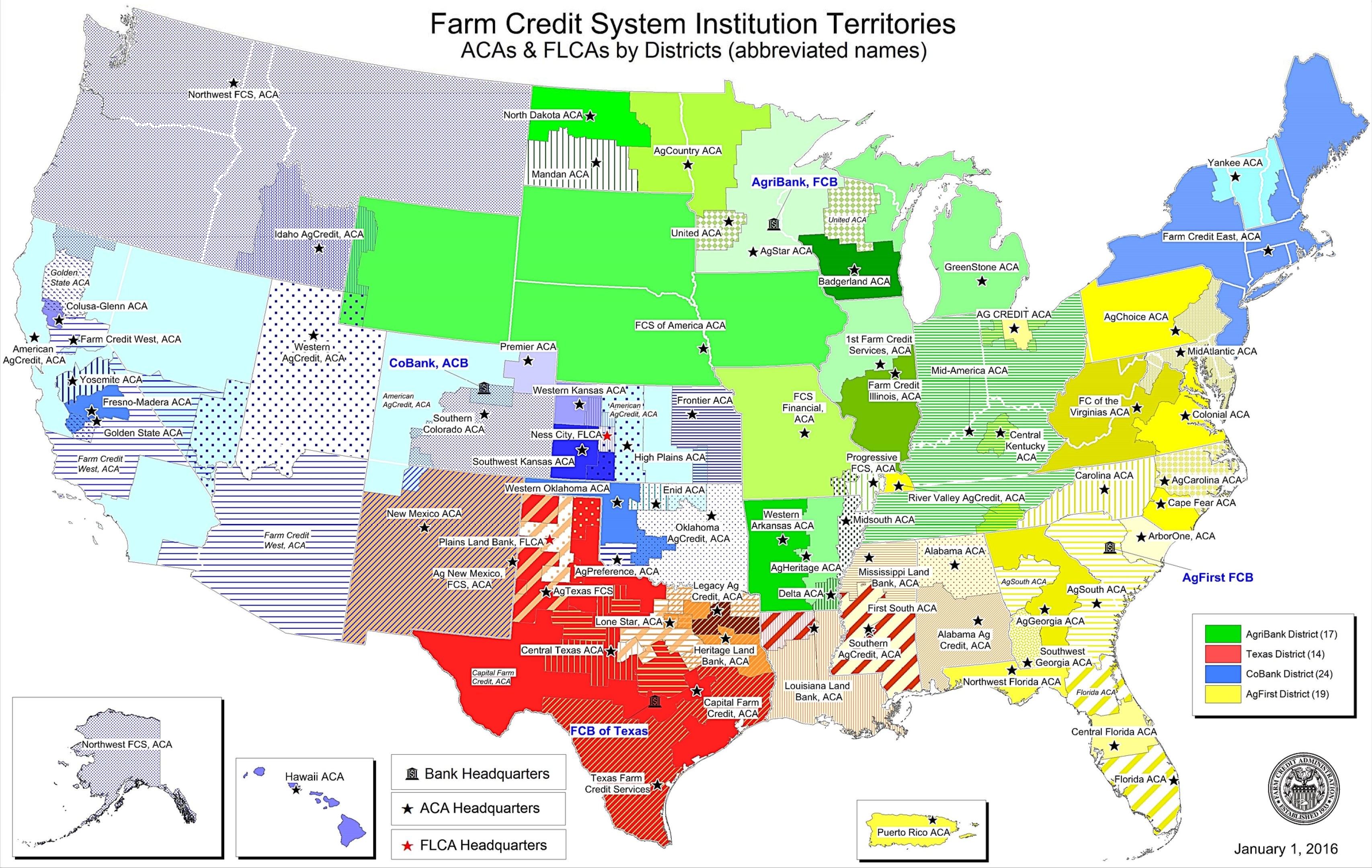 Eine Karte der Vereinigten Staaten, die Farm Credit System-Institutionen farblich darstellt, mit der Überschrift "Farm Credit System-Institutionen" und einem Logo unten rechts.