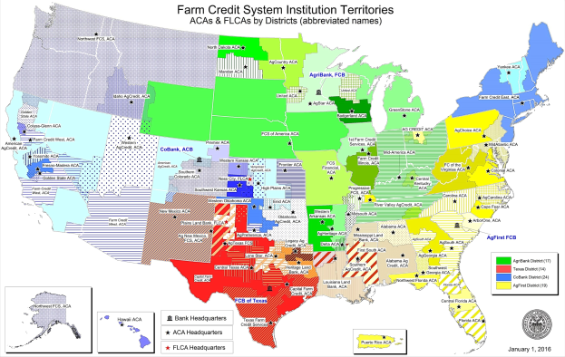 Eine Karte der Vereinigten Staaten, die Farm Credit System-Institutionen farblich darstellt, mit der Überschrift "Farm Credit System-Institutionen" und einem Logo unten rechts.