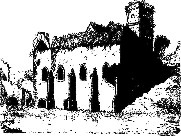 Eine Schwarz-Weiß-Zeichnung einer alten, baufälligen Kirche mit bröckelnden Wänden und zerbrochenen Fenstern vor einem weißen Hintergrund.