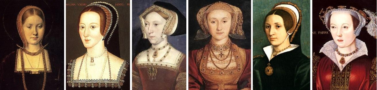 Sechs Porträts von Elizabeth I. von England in verschiedenen farbigen Kleidern mit prächtigem Schmuck vor dunklem Hintergrund.