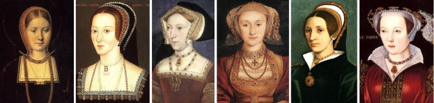 Sechs Porträts von Elizabeth I. von England in verschiedenen farbigen Kleidern mit prächtigem Schmuck vor dunklem Hintergrund.