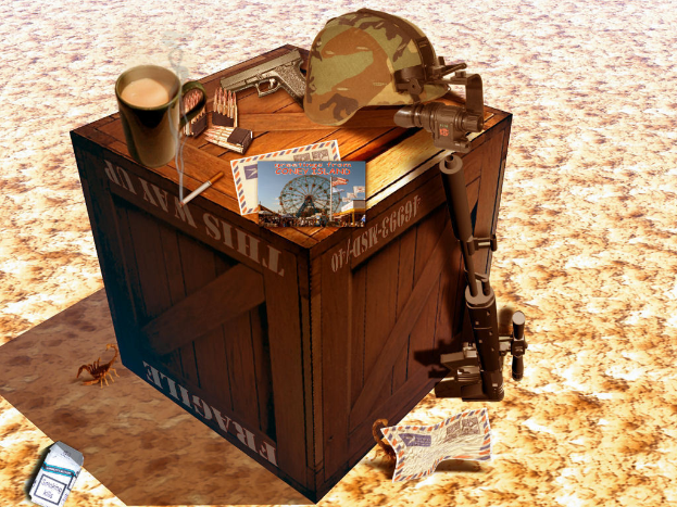 Ein Gemälde, das eine Kiste mit einer Mütze, einer Pistole, mehreren Mützen, Papieren und einem Schlüssel zeigt, sowie Scorpios und ein Papier auf einem Weg in der Nähe.