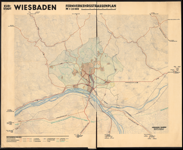Ein gerahmtes, detailliertes altes Stadtplan von Wiesbaden, Deutschland, das Straßen, Gebäude, Sehenswürdigkeiten und Text mit zusätzlichen Stadtinformationen zeigt.
