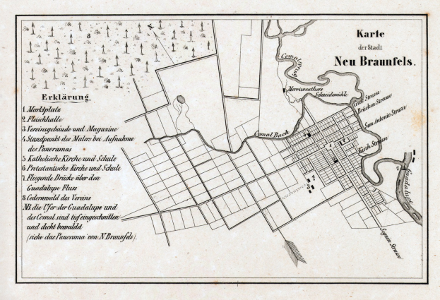 Detailiertes altes Stadtplan von New Braunfels, Deutschland, mit Straßennamen, Gebäuden und Sehenswürdigkeiten mit handgeschriebener Text.