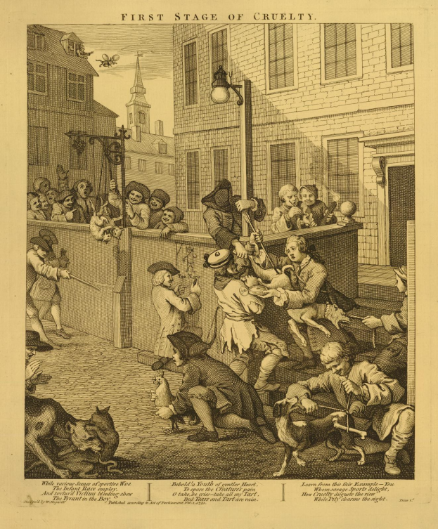 Eine handgezeichnete Skizze auf Papier mit der Aufschrift "Erste Stufe der Grausamkeit", die eine Gruppe von Menschen und Tieren vor einem Gebäude mit Fenstern und einer Straßenlaterne zeigt.