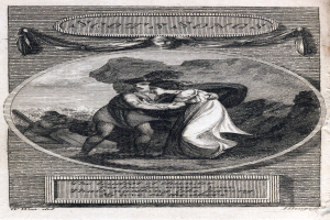 Eine Gravur eines Mannes und einer Frau, die sich leidenschaftlich küssen, wobei der Mann seinen Arm um die Taille der Frau gelegt hat, auf einem Papier mit Text.