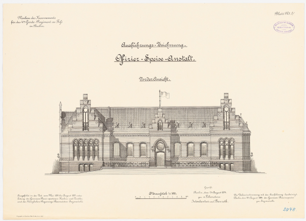 Eine Zeichnung des Hauptsaals des Deutschen Bundestages in Berlin, Deutschland, mit einer Flagge oben drauf, begleitet von beschreibendem Text.