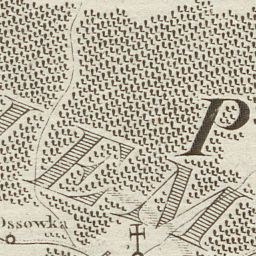 Alte London-Karte mit einem prominenten 'P' in der Mitte, die detaillierte Straßen, Gebäude und Sehenswürdigkeiten in einer klassischen Schriftart zeigt.