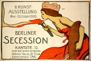Plakat von der 1900 Berliner Secession mit einer Frau in rotem Kleid, die ein Objekt hält, mit Text zu den Veranstaltungsdetails.