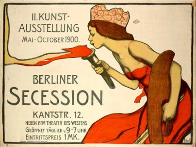 Plakat von der 1900 Berliner Secession mit einer Frau in rotem Kleid, die ein Objekt hält, mit Text zu den Veranstaltungsdetails.