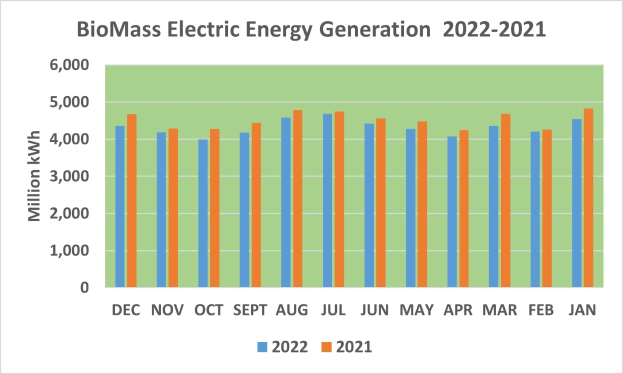 Graphik, die die Entwicklung der elektrischen Energieerzeugung aus Biomasse von 2021 bis 2022 zeigt, mit begleitendem Text.