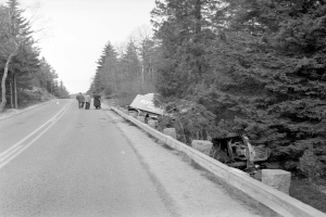 Ein Schwarz-Weiß-Foto eines Lastwagens, der gegen einen Baum am Straßenrand geprallt ist, mit einigen Menschen auf der linken Seite und vielen Bäumen im Hintergrund.