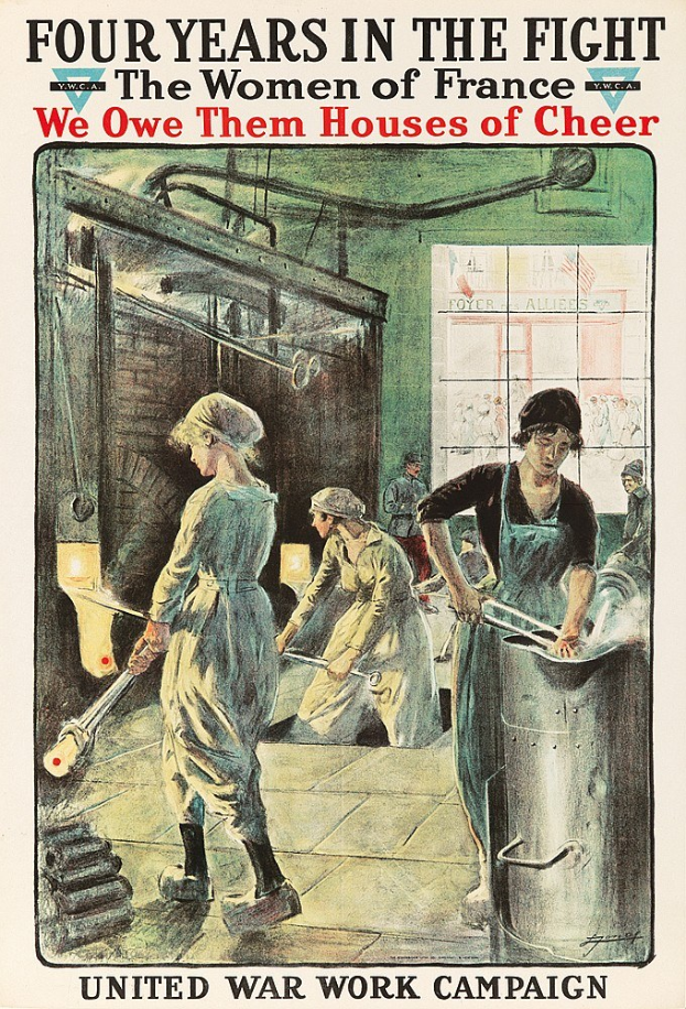 Ein Plakat mit vier Frauen, die in einer Reihe stehen und entschlossene Gesichter haben, mit der Aufschrift "Wir schulden ihnen Häuser der Freude" oben, symbolisiert die Stärke und Resilienz der Frauen Frankreichs.