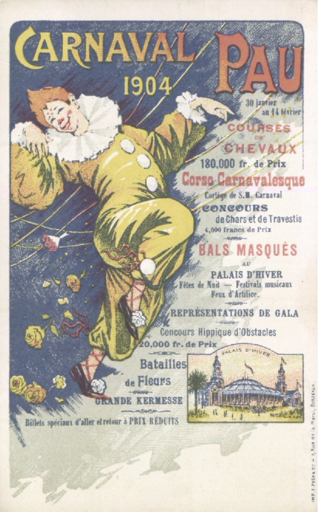 Ein altes Buch mit einem Cover, das einen Clown in einem bunten Kostüm zeigt, mit einem verschmitzten Gesichtsausdruck und der Inschrift 'Carnaval Pau 1904'.