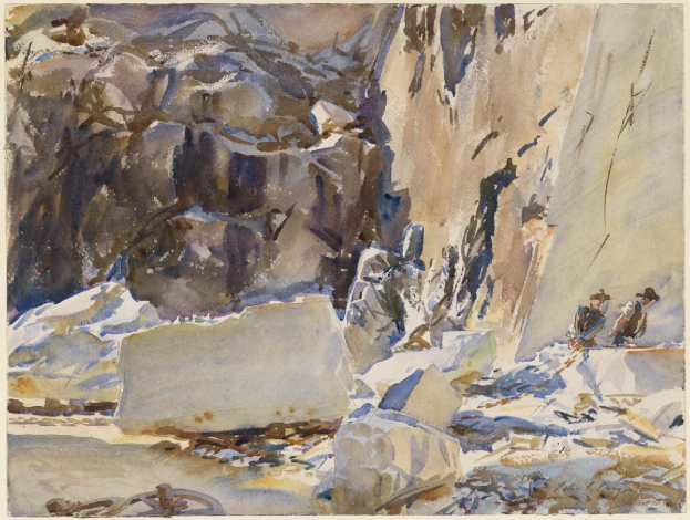Ein Aquarell mit dem Titel "Mountain Scene" von John Singer Sargent, das eine verschneite Landschaft mit einer Gruppe von Menschen in Winterkleidung zeigt, die in einer Lichtung umgeben von zerklüfteten grauen Felsen und hohen, blättrigen Bäumen stehen, unter einem tiefblauen Himmel mit wolkigen Wolken.