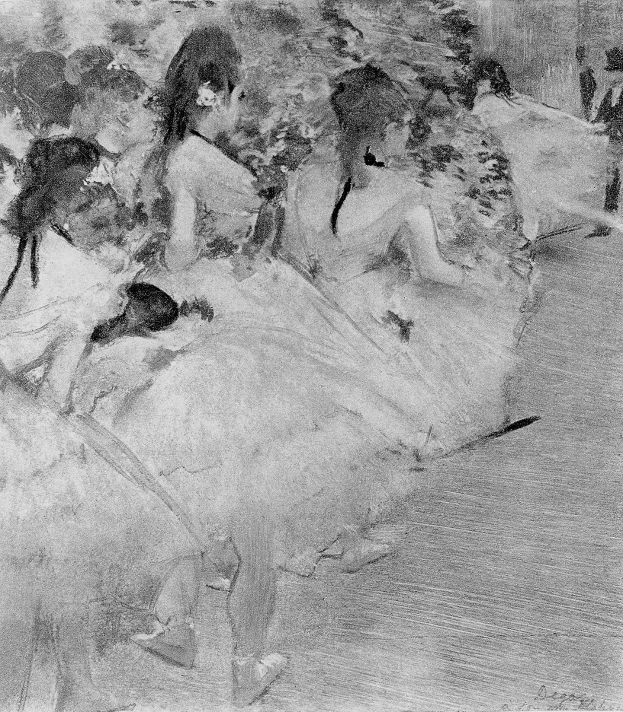 Eine Schwarz-Weiß-Zeichnung einer Gruppe von Tänzerinnen in einem Studio, mit einer Person in der Mitte, alle tragen bunte Tutus und Spitzenschuhe, vor einem unscharfen Hintergrund mit Text unten.