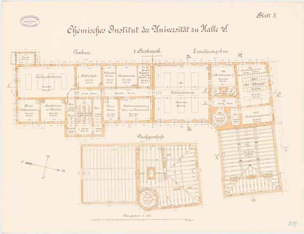 Ein detaillierter Grundrissplan eines mehrräumigen Gebäudes, das mutmaßlich das Chemieinstitut der Universität in Halle ist, mit begleitendem Text, der das Layout beschreibt.