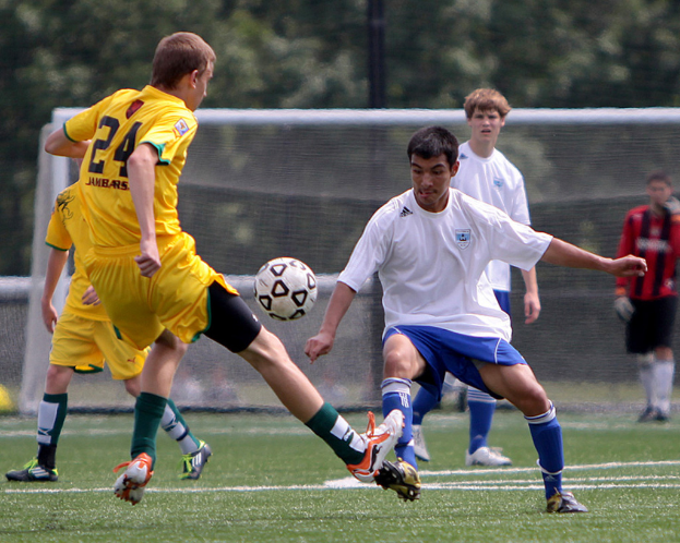 Fußballspieler in gelben und weißen T-Shirts spielen auf einem Rasenfeld, mit einem Netz, Pfosten und Bäumen im Hintergrund.