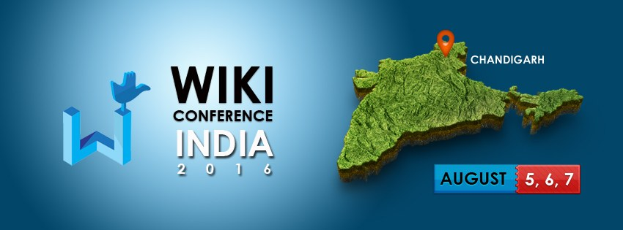 Eine Karte von Indien, die Chandigarh hervorhebt, mit dem Text "Wiki Conference India 2016" in fetter Schrift, die geografische Merkmale wie Berge, Flüsse und Städte zeigt.