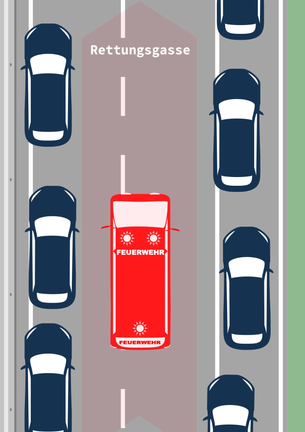 Rotes Auto mit "Rettungsgasse"-Text auf einer Straße umgeben von anderen Fahrzeugen.