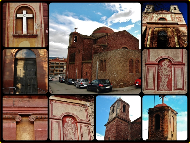 Ein Collage aus neun Bildern, die ein zentrales Gebäude mit parkenden Autos davor, ein Kreuzsymbol oben links, ein weiteres Gebäude oben rechts und Gebäude unten zeigen.
