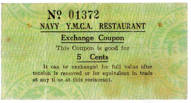Ein Blatt mit der Aufschrift "Navy YMCA Restaurant Exchange Coupon"