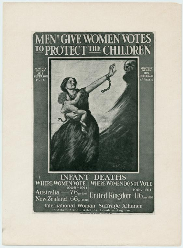 Ein Schwarz-Weiß-Plakat mit einer Frau in einem weißen Kleid, die ein Baby hält, mit der Aufschrift "Männer geben Frauen Stimmen, um die Kinder zu schützen" oben.