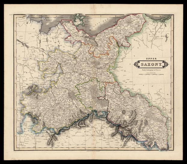 Ein detaillierter alter Stadtplan von Sachsen, Deutschland, auf einem schwarzen Hintergrund, der Provinzen, Städte und geografische Merkmale zeigt.