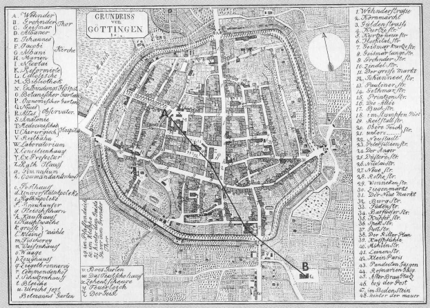 Eine Schwarz-Weiß-Karte von Göttingen, Deutschland, mit Straßen, Gebäuden und Sehenswürdigkeiten mit Textbeschriftungen.
