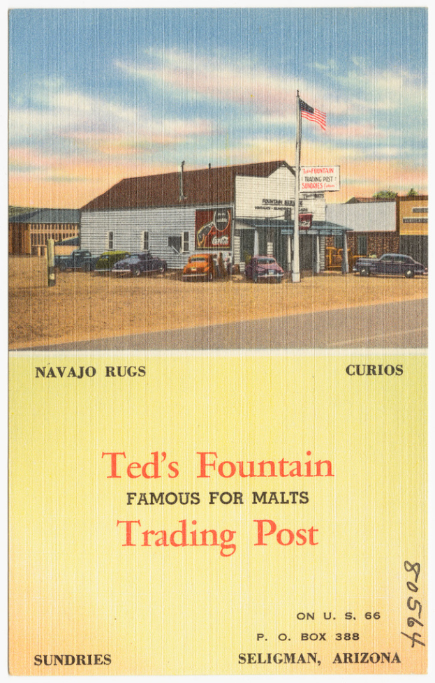 Ein Plakat mit Fahrzeugen, einem Gebäude, einem Pfahl, einer Fahne, einer Flagge und einem bewölkten Himmel.