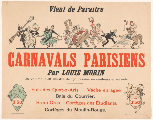 Ein Blatt mit der Überschrift "Carnivals Parisiens par Louis Morin" in fetter Schrift, das farbenfrohe Illustrationen von Menschen in bunten Kostümen und Masken bei einer lebhaften Karnevalszenen zeigt.