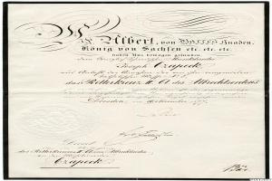 Ein altes Dokument mit schwarzem Rand und weißem Hintergrund, das den Text 'Ritterkreuz II, Dresden, Deutschland' und ein Logo der deutschen Regierung zeigt.