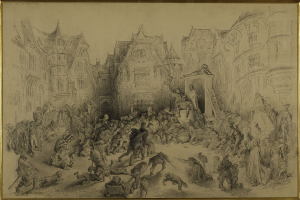 Ein gerahmtes Bild einer belebten Stadtstraße mit Menschen, die stehen und sitzen und in einer lebhaften Atmosphäre sind, mit Gebäuden im Hintergrund.