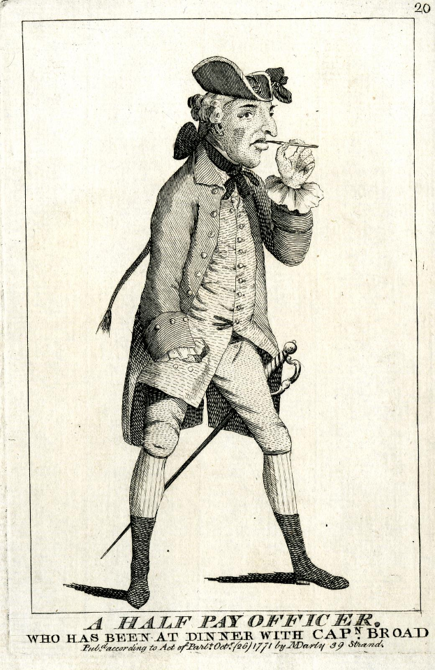 Ein halbes Gehalt Offizier steht auf einem Papier mit Schrift, haltend eine Zigarette und einen Stock, tragend eine Mütze.