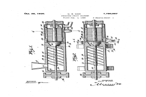 Zeichnung einer Maschine mit dem Text "US-Patent 1,780,077" und "Patent für eine hydraulische Pumpe" auf einem weißen Hintergrund.