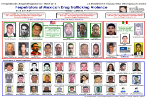 Plakat mit der Aufschrift "Verbrecher der mexikanischen Drogenkriminalität" mit Fotos verschiedener Personen und fetter schwarzer Schrift auf einem hellblauen Hintergrund.