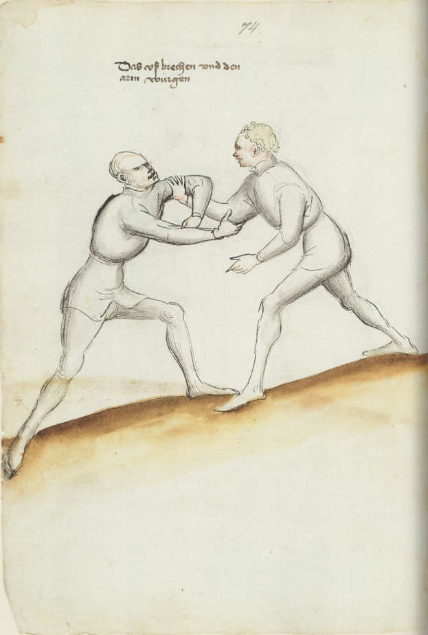 Zwei Männer kämpfen, wobei einer einen Schlag auf den anderen wirft, der auf einem Papier mit Text steht, der die Szene beschreibt.