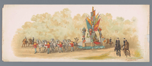 Ein Bild eines Karnevalsumzugs mit Menschen in bunten Kostümen, die auf Pferden vor einem geschmückten Wagen reiten, unter einem klaren blauen Himmel mit Bäumen im Hintergrund.