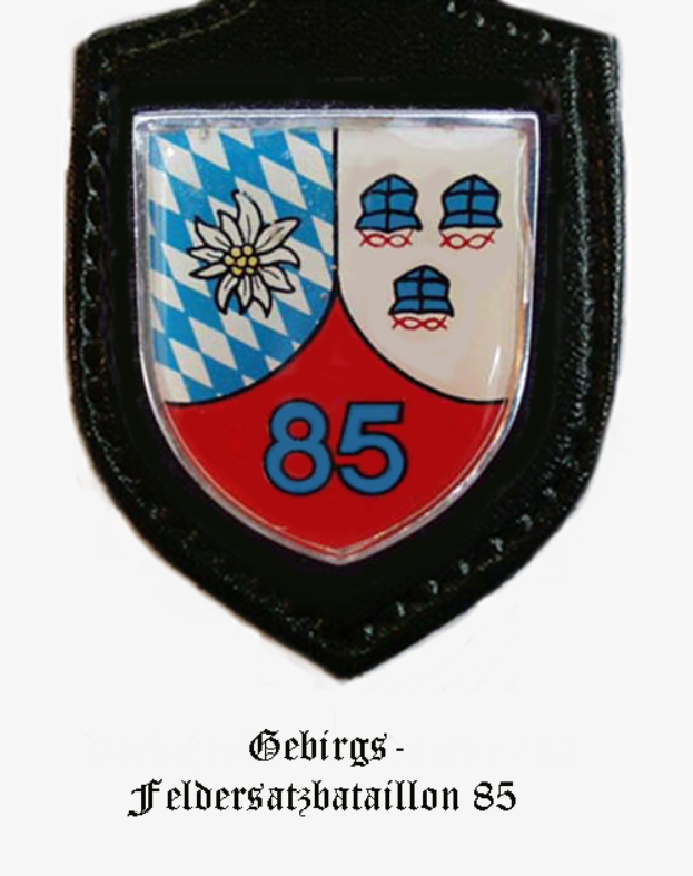Ein Abzeichen mit der Nummer 85, das das Logo der bayerischen Fußballmannschaft darstellt, mit deutschem Text unten.