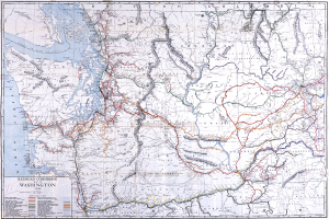 Ein detaillierter Plan der Vereinigten Staaten, insbesondere hervorhebend die Eisenbahnkommission von Washington, mit verschiedenen Straßen, Highways und markanten Punkten, begleitet von Text, der Informationen über die Kommission und die Eisenbahnen bereitstellt.
