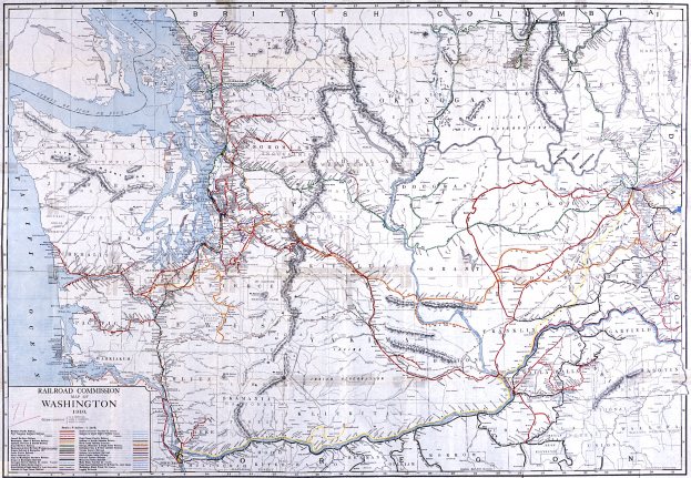 Ein detaillierter Plan der Vereinigten Staaten, insbesondere hervorhebend die Eisenbahnkommission von Washington, mit verschiedenen Straßen, Highways und markanten Punkten, begleitet von Text, der Informationen über die Kommission und die Eisenbahnen bereitstellt.