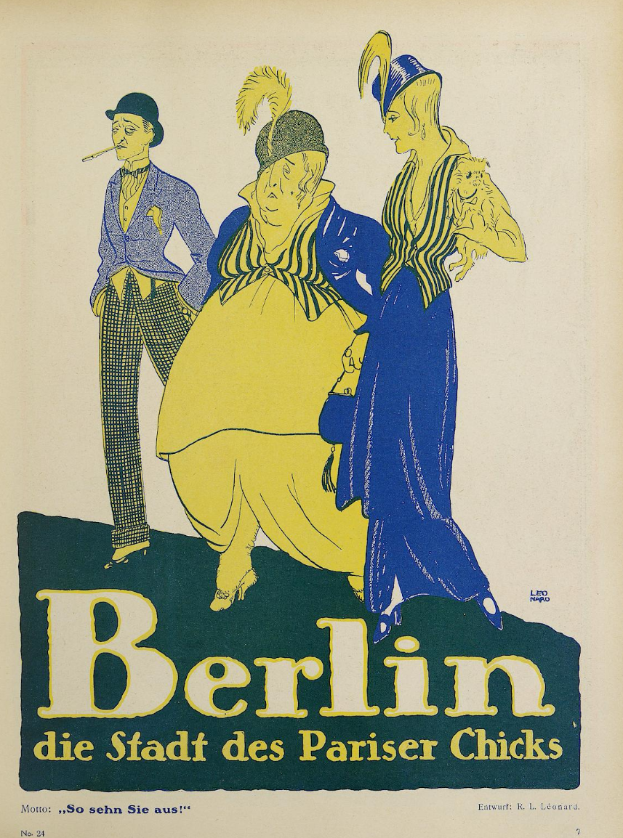 Ein Plakat, das ein Konzert in Berlin, Deutschland, ankündigt, mit einer Gruppe farbiger Menschen vor einem Gebäude mit der Aufschrift 'Berlin - Die Stadt des Pariser Chicks' oben.