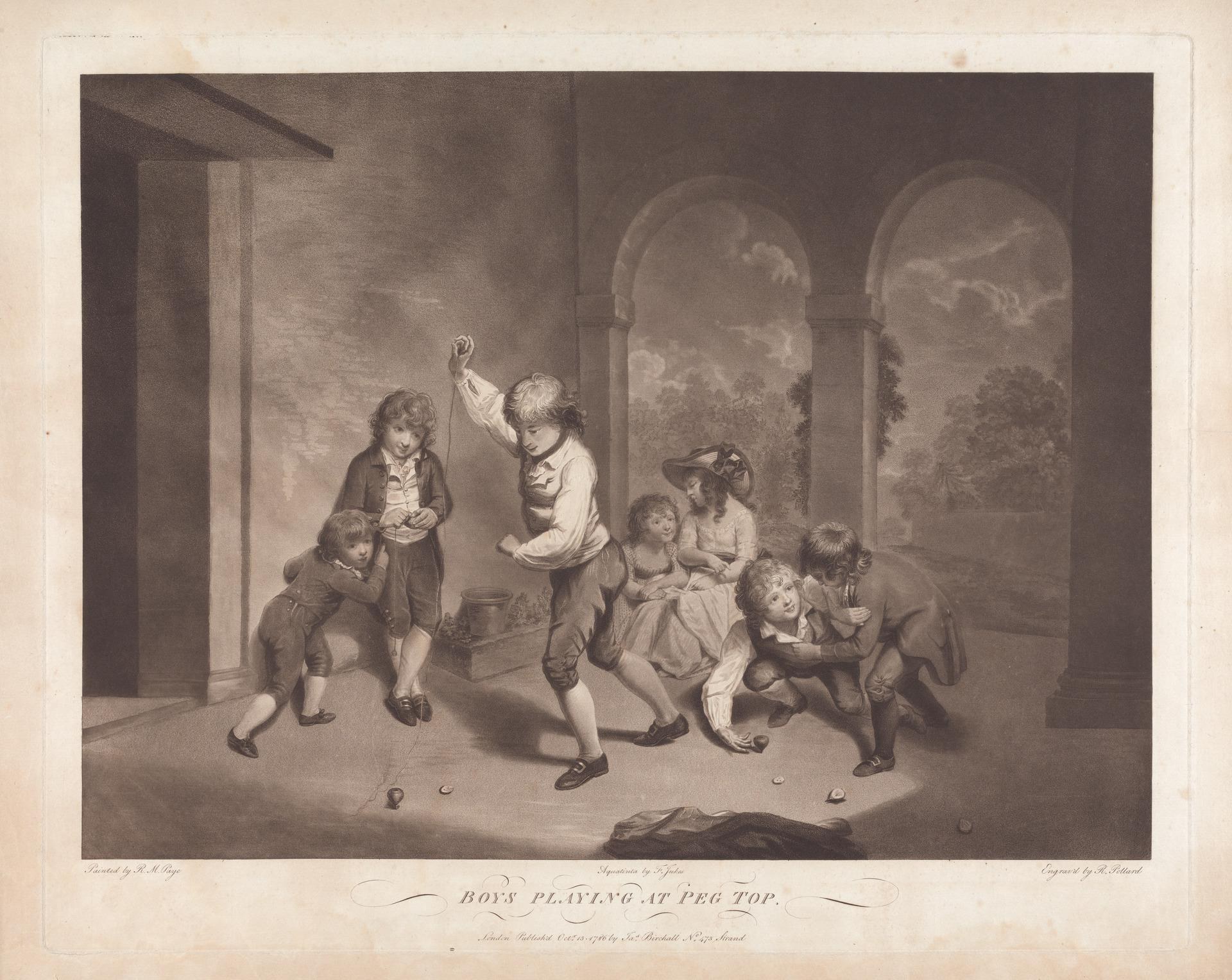 Jungen, die in einem Raum mit Wänden, Säulen, Bäumen und einem bewölkten Himmel ein Spiel mit Stecknadeln spielen, mit dem Text 'Jungen beim Spiel mit Stecknadeln' unten.